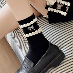 Combo 10 Đôi Vớ Nữ Cổ Cao Cotton Dệt Kim Phối Nơ Gấu Ren - Tất Cổ Dài Thu Đông Hàn Quốc Co Giãn Giữ Ấm Dễ Thương 7
