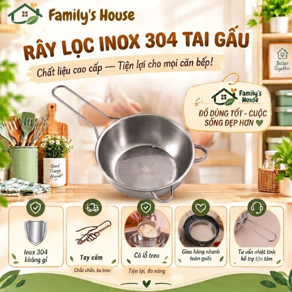 [family's house] Rây Lọc thực phẩm Inox 304, rây lọc gạo, lọc sữa, rây bột, tay cầm dài, chắc chắn