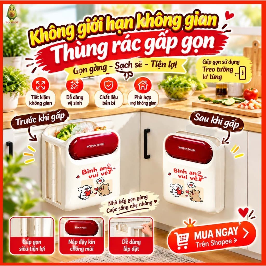 Thùng Rác Gấp Gọn Treo Tường Cánh Tủ Bếp Nắp Đậy Kín Chống Mùi Thông Minh Tiết Kiệm Không Gian