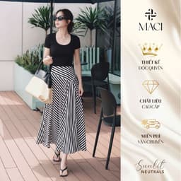 Chân Váy Xoè Midi Phối Kẻ Chất Lụa Hàn 2 Lớp MACI MCVCVKE0402 Thời Trang Nữ Thiết Kế 1