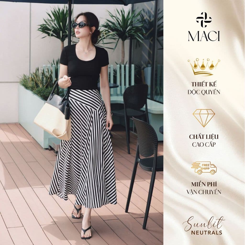 Chân Váy Xoè Midi Phối Kẻ Chất Lụa Hàn 2 Lớp MACI MCVCVKE0402 Thời Trang Nữ Thiết Kế