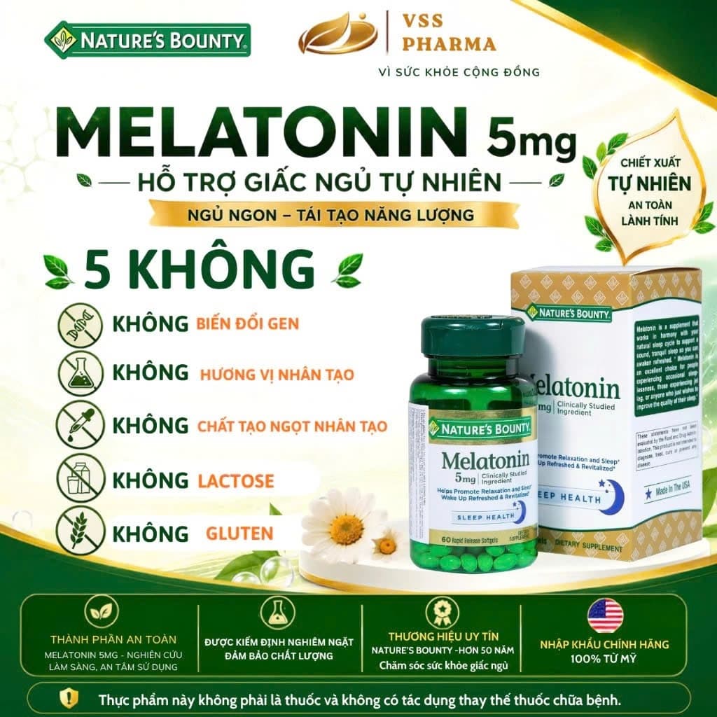 Viên uống Melatonin Nature's Bounty (60 viên) giúp điều hòa giấc ngủ giúp ngủ sâu giấc