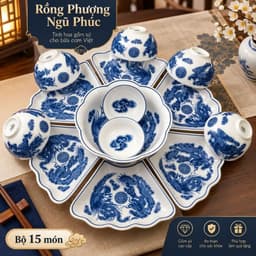 Bộ bát đĩa hoa mặt trời thương hiệu gochy gốm sứ bát tràng, Bộ bát đĩa bày cỗ cúng gia tiên, mâm cơm Tết, bày hoa quả 5