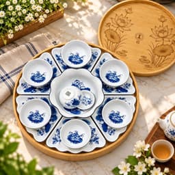 Bộ Bát Đĩa Hoa Mặt Trời 7 Món Gốm Sứ Cao Cấp, Nhiều Mẫu Nấm Nâu – Viền Đen – Mai Vàng – Hoa Sen, Bộ Đĩa Bày Mâm Cơm 45CM 9