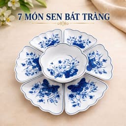 Bộ bát đĩa hoa mặt trời thương hiệu gochy, men trắng vẽ hoa sen - Gốm sứ Bát Tràng cao cấp 7