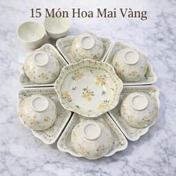 Bộ bát đĩa hoa mặt trời 45cm thương hiệu gochy họa thiết hoa mai vàng, gốm sứ Bát Tràng cao cấp 9