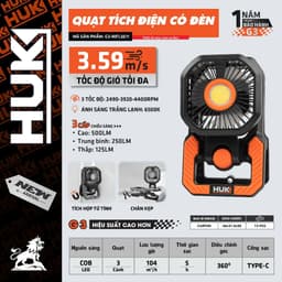 Quạt Để Bàn, Quạt Kẹp Tích Điện HUKAN G3-WFL5611, 3 Tốc Độ Gió 3 Cấp Đèn Sáng Mát Siêu Êm Ái 2
