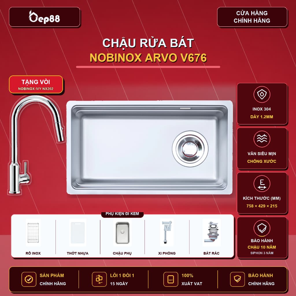 CHẬU RỬA BÁT NOBINOX ARVO V676 | KÍCH THƯỚC 76 x 43CM | VÂN VẢI CHỐNG XƯỚC | Hàng chính hãng