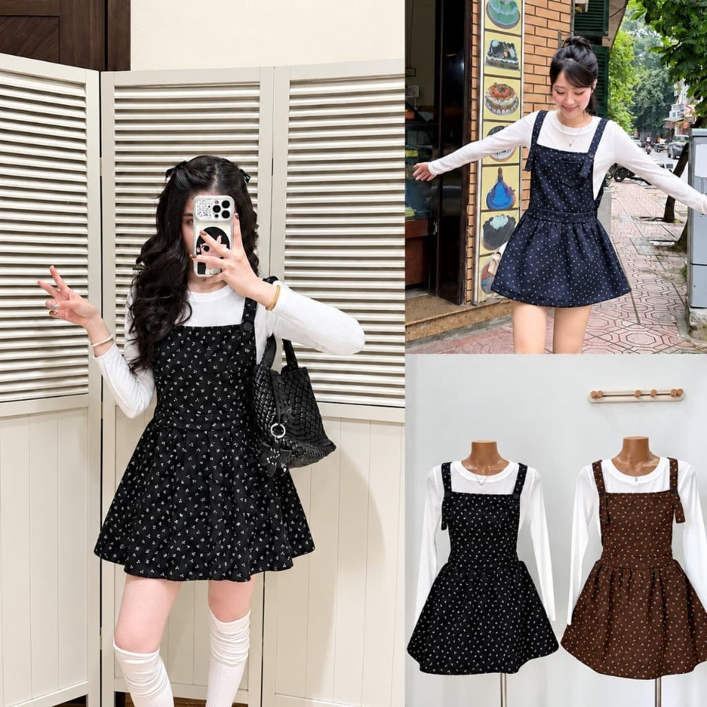 (Tặng kèm áo) Set yếm Dạ nữ NANCY Hoa Nhí form váy xoè Tiểu Thư Bun222