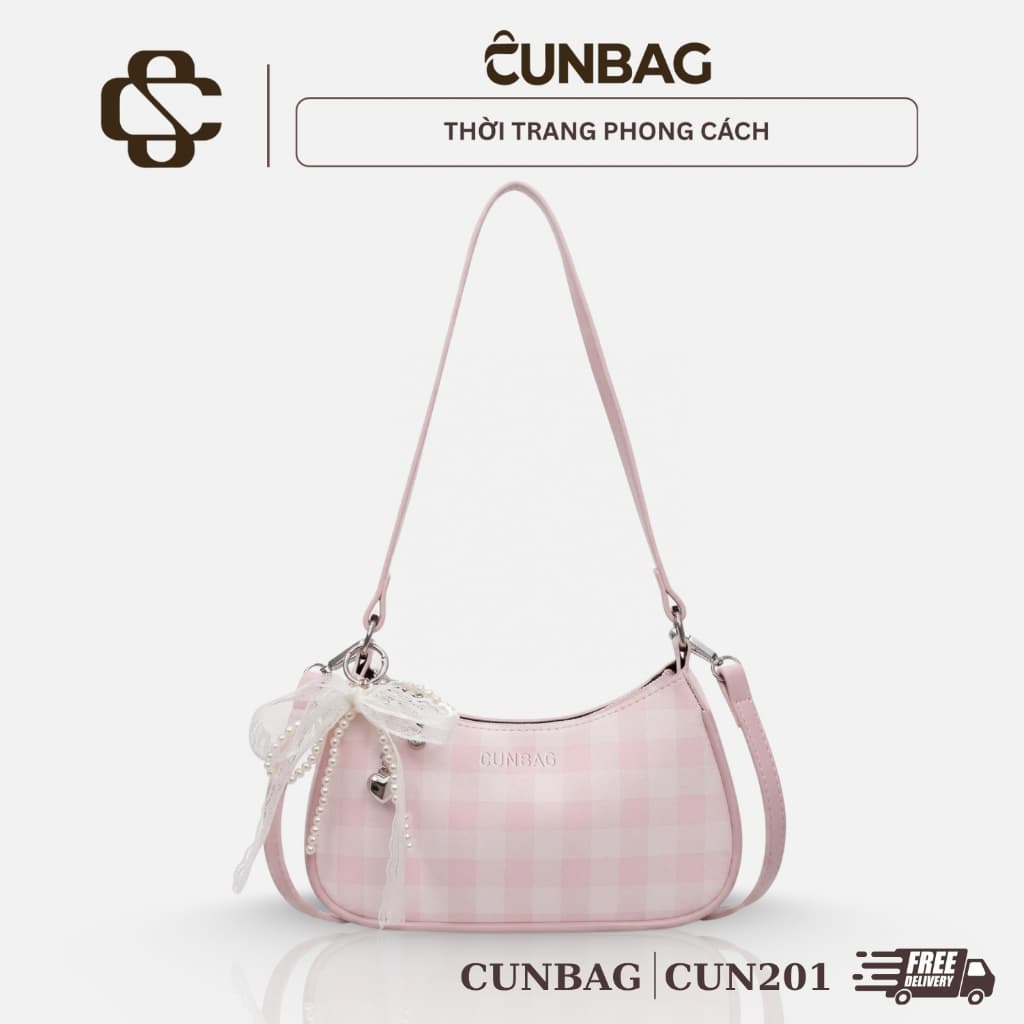 Túi xách nữ đeo chéo kẻ caro kèm charm nơ  tym ngọc dễ thương CUN201