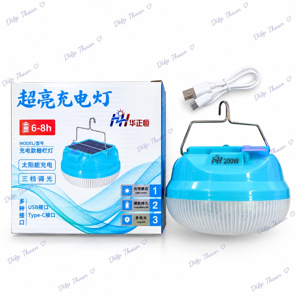 Đèn LED Năng Lượng Mặt Trời 200W – Đèn Treo Dã Ngoại 3 Chế Độ Sáng, Sạc USB Type-C, Có Nam Châm