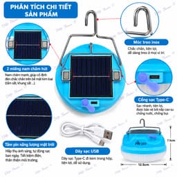 Đèn LED Năng Lượng Mặt Trời 200W – Đèn Treo Dã Ngoại 3 Chế Độ Sáng, Sạc USB Type-C, Có Nam Châm 5