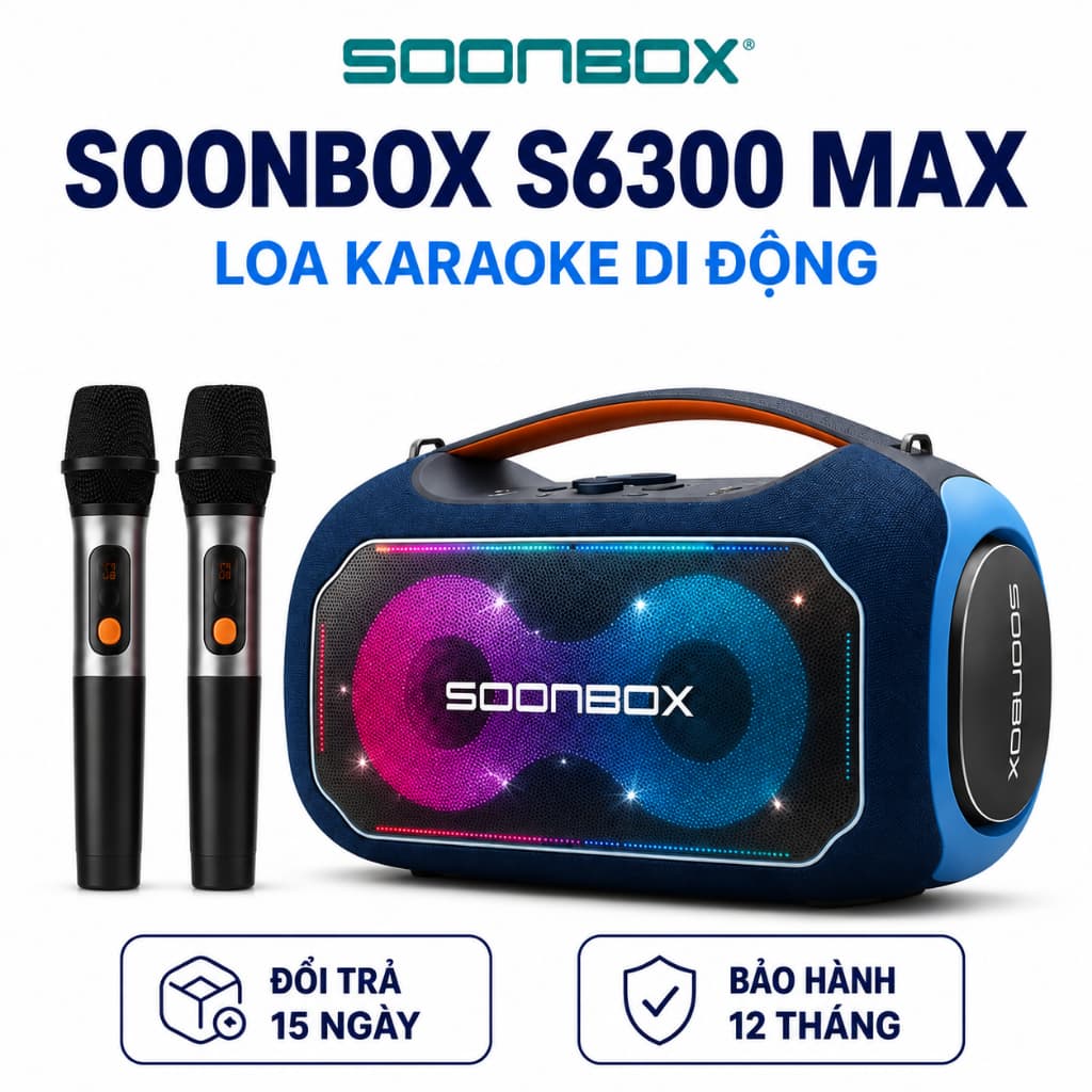 Loa Karaoke Bluetooth SOONBOX S6300 MAX 200W, 2 Micro Không Dây, Pin 24000mAh, Bluetooth 5.3, LED RGB, Loa Di Động Bass