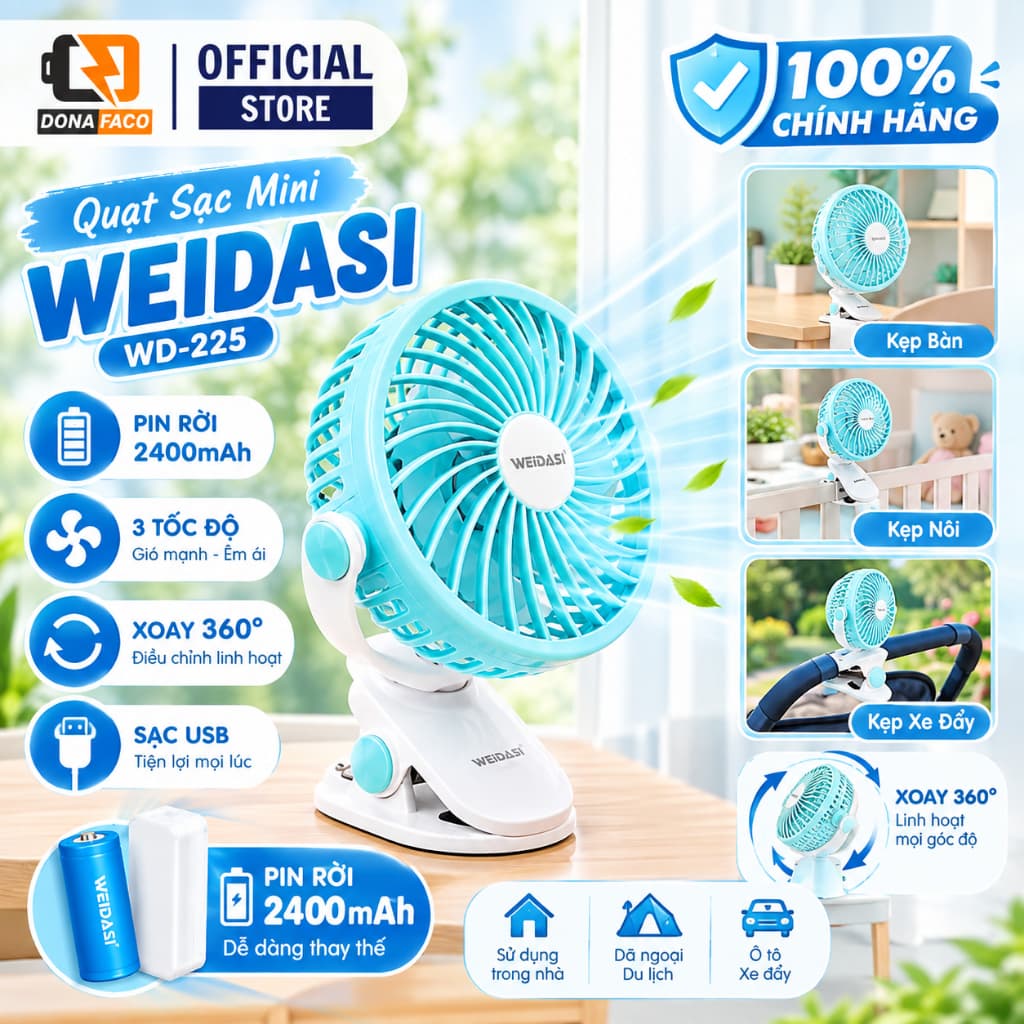 Quạt Sạc Mini WEIDASI WD-225 2400mAh pin rời, Quạt Kẹp Bàn, Kẹp Nôi, Xe Đẩy, Xoay 360°, Sạc USB Tiện Lợi