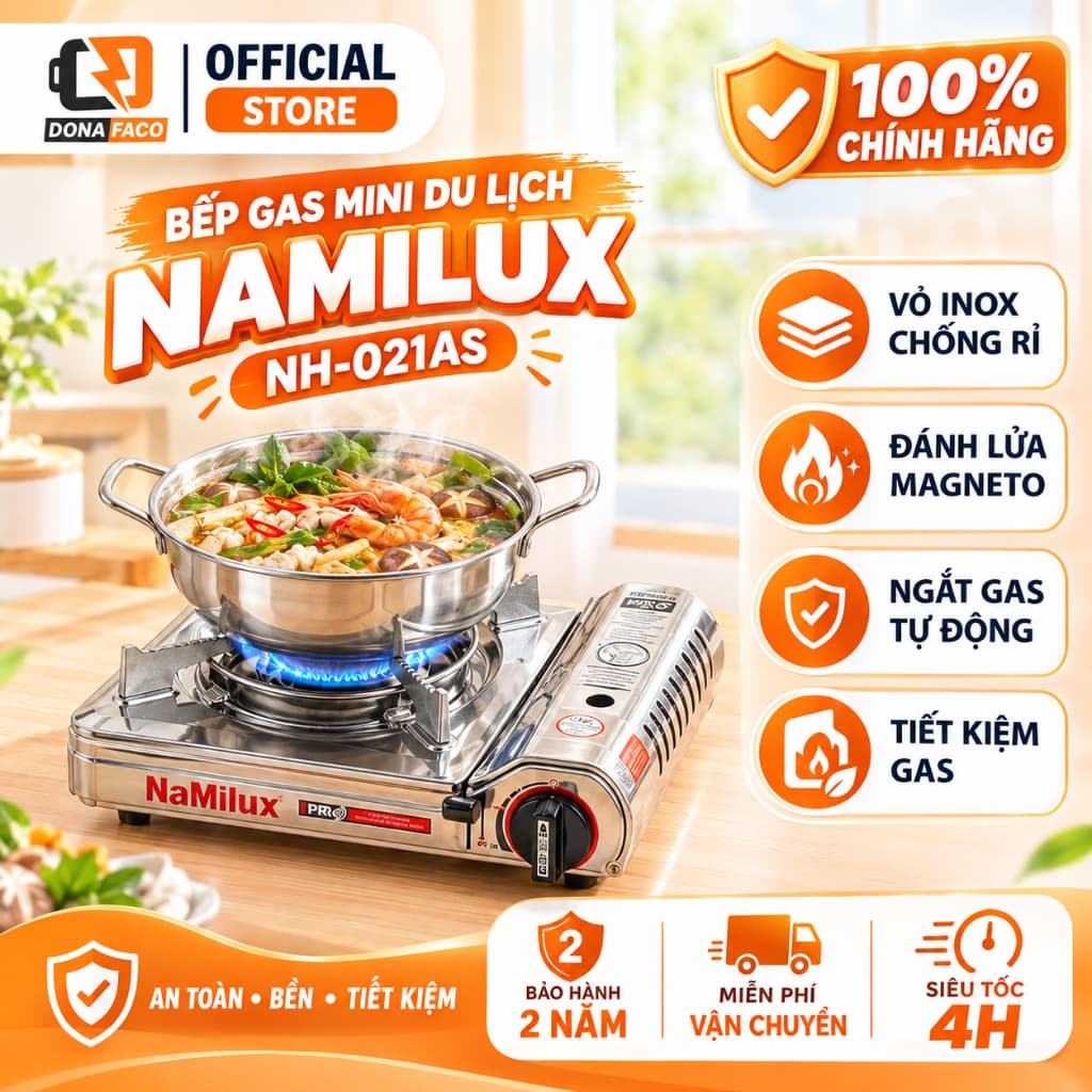 Bếp gas mini du lịch Namilux NH-021AS thép không gỉ tiết kiệm gas có van ngắt gas tự động an toàn