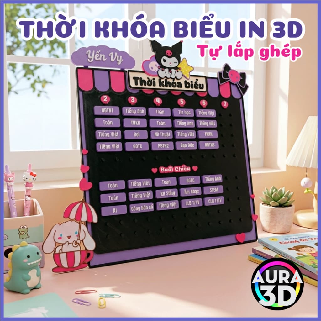 [HỎA TỐC] Thời Khóa Biểu In 3D Kuromi Tự Lắp Ghép Cấp 1 – Bảng Lịch Học Tháo Lắp Hơn 55 Mảnh Ghép Môn Học