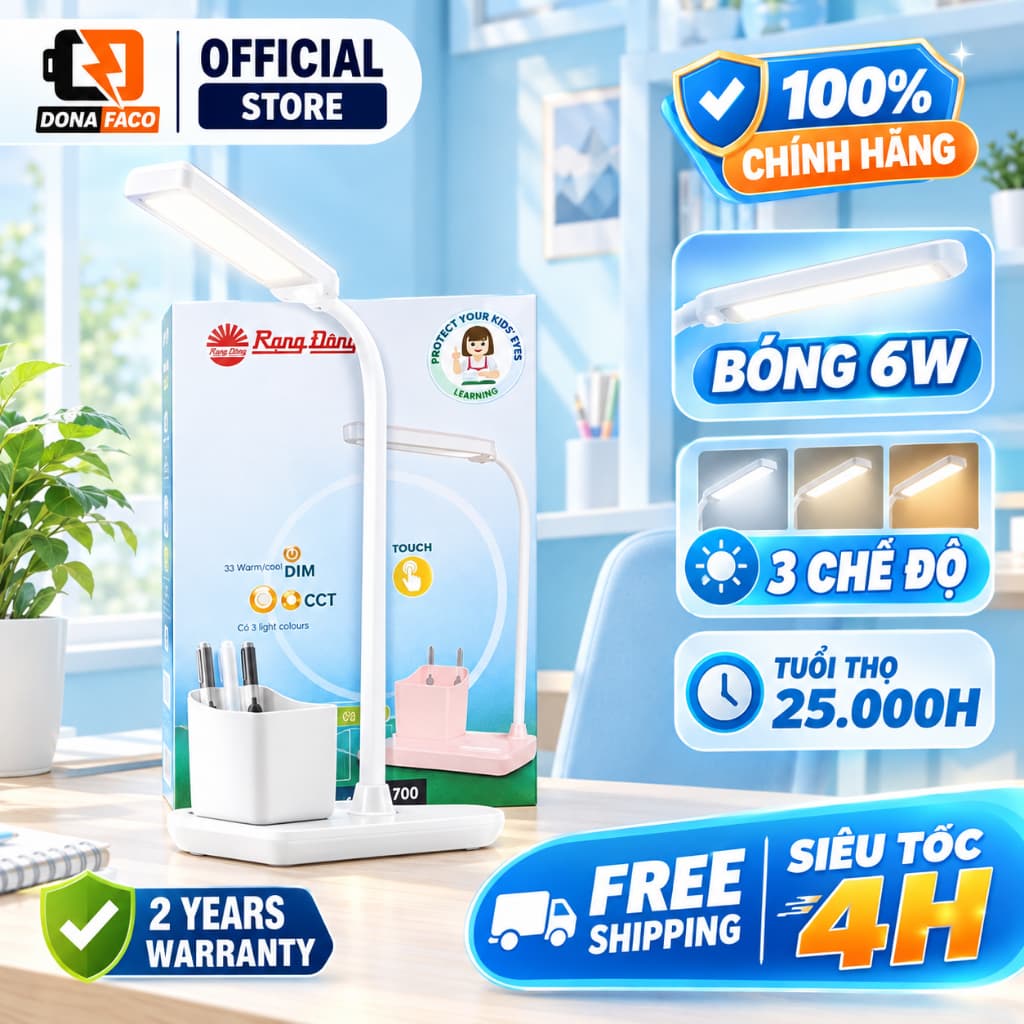 Đèn bàn học cảm ứng Rạng Đông RD-RL-45 6W 3 chế độ ánh sáng dịu chống cận cho bé