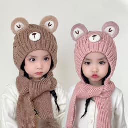 Mũ Len Hoạt Hình Dễ Thương Gấu Bé Dệt Kim Mũ Khăn Một Mảnh Màu Trơn Trẻ Em Mũ Bảo Vệ Tai Mùa Đông Ngoài Trời Ấm Áo 4