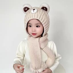 Mũ Len Hoạt Hình Dễ Thương Gấu Bé Dệt Kim Mũ Khăn Một Mảnh Màu Trơn Trẻ Em Mũ Bảo Vệ Tai Mùa Đông Ngoài Trời Ấm Áo 3