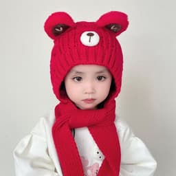 Mũ Len Hoạt Hình Dễ Thương Gấu Bé Dệt Kim Mũ Khăn Một Mảnh Màu Trơn Trẻ Em Mũ Bảo Vệ Tai Mùa Đông Ngoài Trời Ấm Áo 5