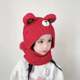 Mũ Len Hoạt Hình Dễ Thương Gấu Bé Dệt Kim Mũ Khăn Một Mảnh Màu Trơn Trẻ Em Mũ Bảo Vệ Tai Mùa Đông Ngoài Trời Ấm Áo 6