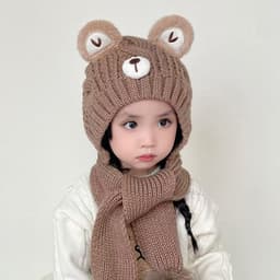 Mũ Len Hoạt Hình Dễ Thương Gấu Bé Dệt Kim Mũ Khăn Một Mảnh Màu Trơn Trẻ Em Mũ Bảo Vệ Tai Mùa Đông Ngoài Trời Ấm Áo 8