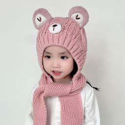 Mũ Len Hoạt Hình Dễ Thương Gấu Bé Dệt Kim Mũ Khăn Một Mảnh Màu Trơn Trẻ Em Mũ Bảo Vệ Tai Mùa Đông Ngoài Trời Ấm Áo 9