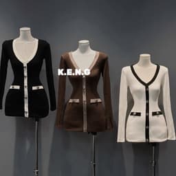 Đầm Tăm Len Gân Ôm Dáng Cổ V Phối Viền Nút Cài Tay Dài Dáng Ngắn Tôn Dáng Thanh Lịch Thu Đông Kieupham.shop 3
