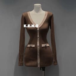 Đầm Tăm Len Gân Ôm Dáng Cổ V Phối Viền Nút Cài Tay Dài Dáng Ngắn Tôn Dáng Thanh Lịch Thu Đông Kieupham.shop 8