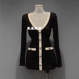 Đầm Tăm Len Gân Ôm Dáng Cổ V Phối Viền Nút Cài Tay Dài Dáng Ngắn Tôn Dáng Thanh Lịch Thu Đông Kieupham.shop 9