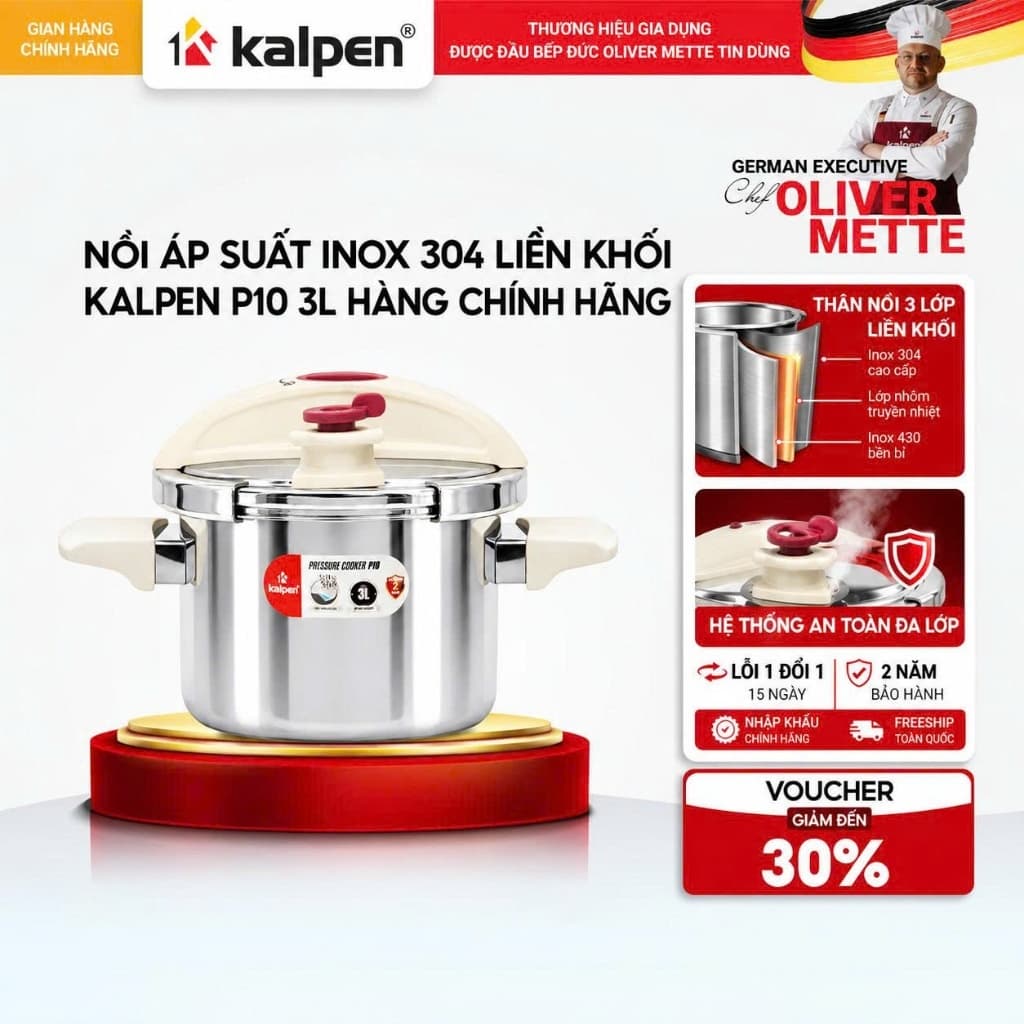 Nồi áp suất Inox 304 liền khối Kalpen P10 3L hàng chính hãng