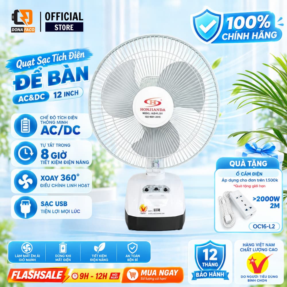 Quạt Sạc Tích Điện để bàn AC&DC 12 inch Honjianda FL301/312 1-2 pin - có đèn LED & USB
