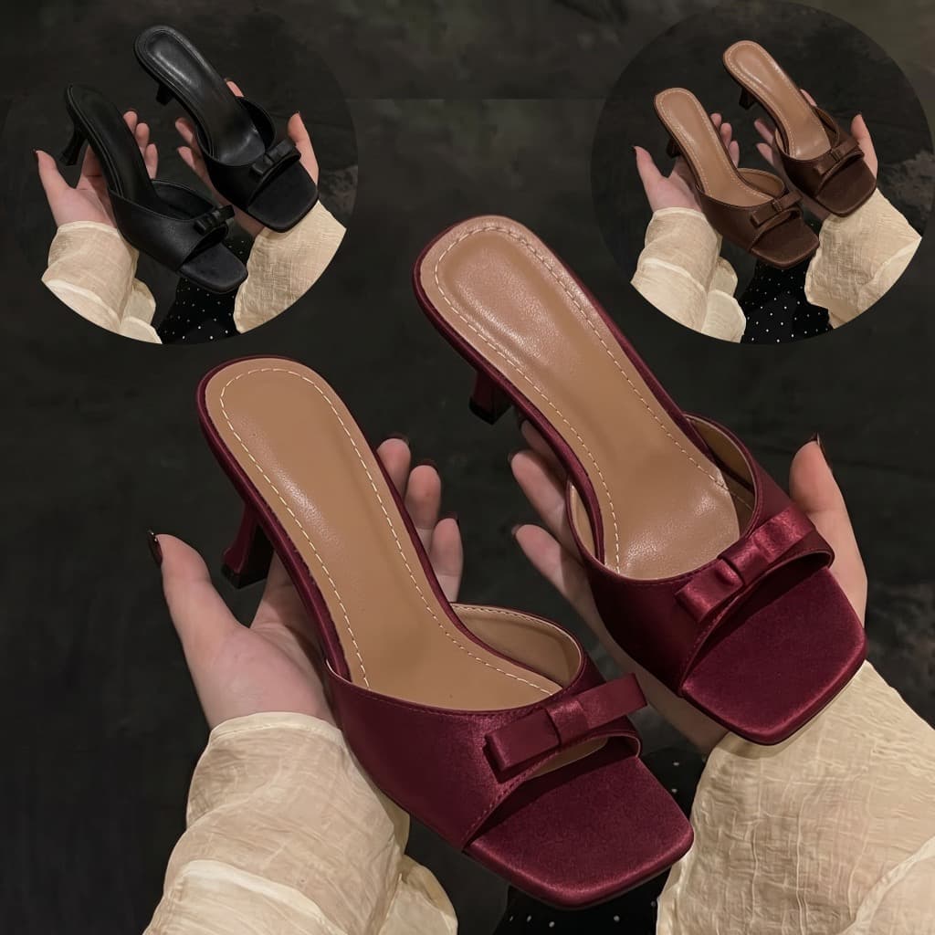 Dép Cao Gót Nữ 7cm Quai Nơ Satin Mũi Vuông Sang Trọng Thời Trang Phong Cách Thanh Lịch - CG173