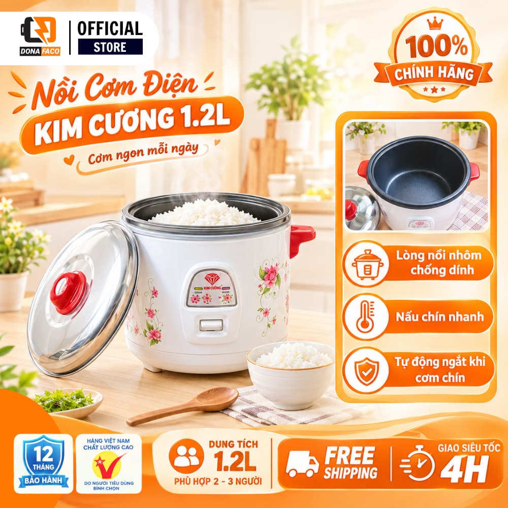 Nồi cơm điện Kim cương 1.2L nấu cho 2 đến 3 người ăn chính hãng bảo hành 12 tháng,