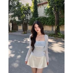 Set Áo Hai Dây “Ren Hoa” Xuyên Thấu Kèm Khoác Cardigan Phối Chân Váy Lụa Ngắn 5