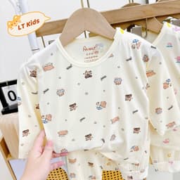 [LOẠI ĐẸP] Set 5 BỘ DÀI TAY THUN LẠNH PEPTIT NỀN KEM IN HỌA TIẾT CHO BÉ 3-13KG 4