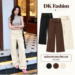 Quần Dài Kaki Nữ Ống Loe Phối Cạp Bản Lớn Cúc Cài Trendy, Quần Suông Tôn Dáng ĐK Fashion 1