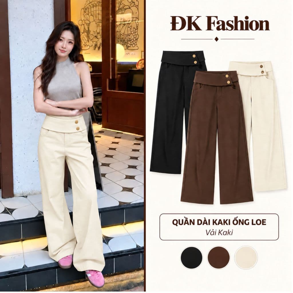Quần Dài Kaki Nữ Ống Loe Phối Cạp Bản Lớn Cúc Cài Trendy, Quần Suông Tôn Dáng ĐK Fashion