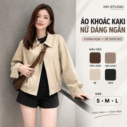 Áo Khoác Kaki Nữ Dáng Ngắn Form Gọn Cổ Bẻ Khóa Kéo Dài Tay Dễ Phối Đồ 4 Màu S M L 1