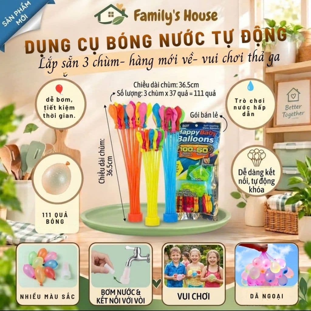1-2-3 Set 111 Quả Bóng Bay Nước + Vòi bơm + Dây Chun   Vui Chơi, Kỉ Yếu, tắm biển[Family's house]