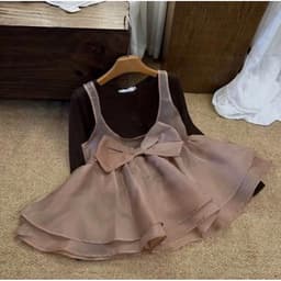 Set Áo Thun Giấy Dài Tay Phối Áo Babydoll Tơ Nơ Lớn Thu Đông 5