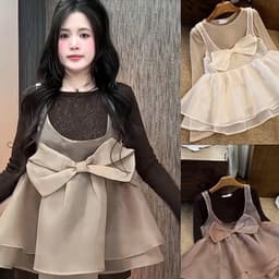 Set Áo Thun Giấy Dài Tay Phối Áo Babydoll Tơ Nơ Lớn Thu Đông 4