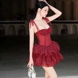Đầm 2 Dây Chấm Bi Dáng Ngắn Xoè Tầng Dự Tiệc Sang Chảnh 2