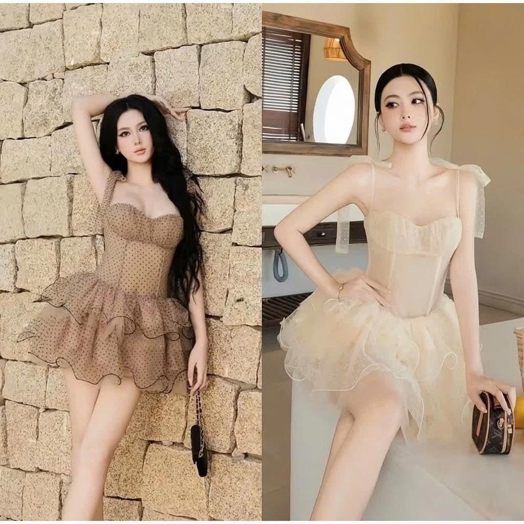 Đầm 2 Dây Chấm Bi Dáng Ngắn Xoè Tầng Dự Tiệc Sang Chảnh