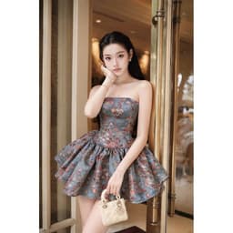 Đầm Gấm Cúp Ngực Hoa Nhí Dáng Ngắn Chiết Eo Cao Cấp 2