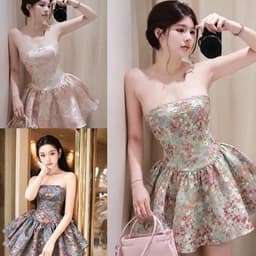 Đầm Gấm Cúp Ngực Hoa Nhí Dáng Ngắn Chiết Eo Cao Cấp 1