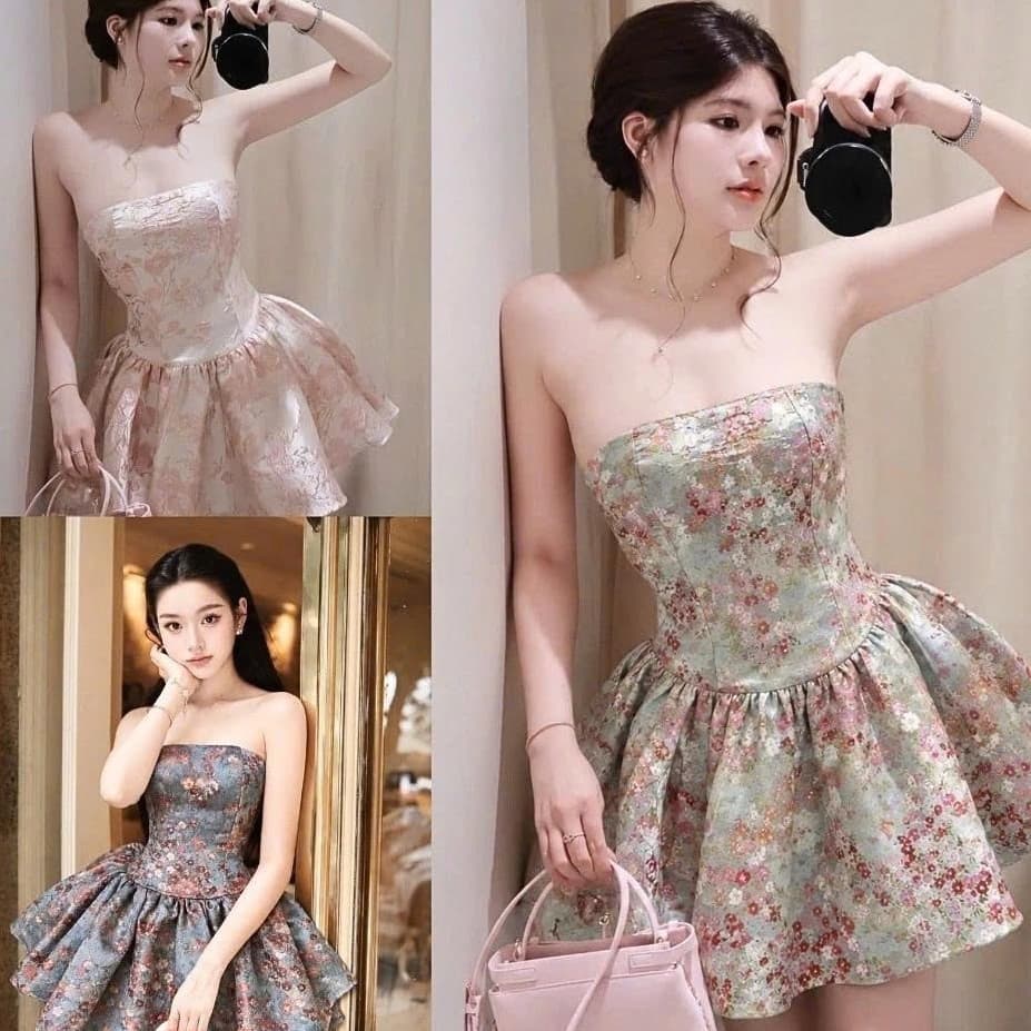 Đầm Gấm Cúp Ngực Hoa Nhí Dáng Ngắn Chiết Eo Cao Cấp