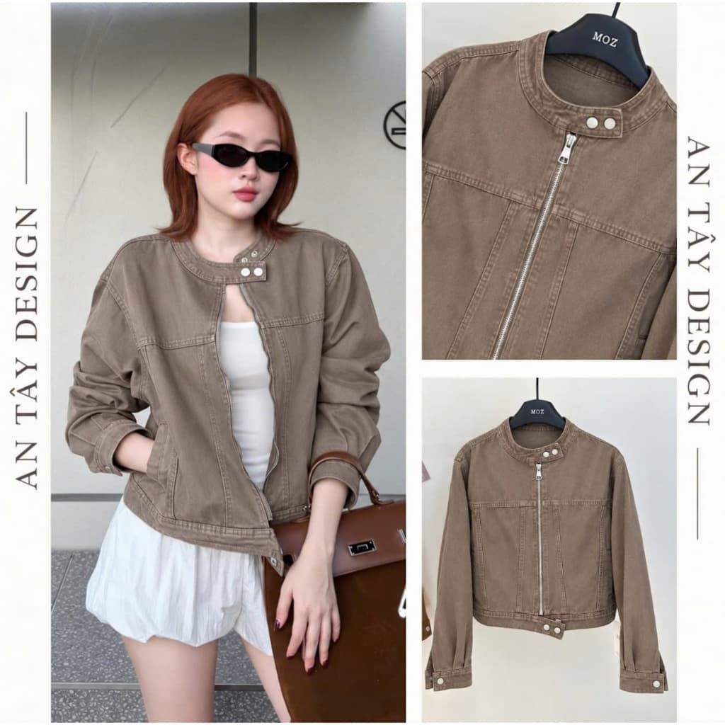 Áo Khoác Nữ Cổ Tàu Khoá Kéo PHƯƠNG JEAN Form Lửng Cá Tính #8900 #8902 #8801 Màu Nâu Choco, Be Trà Sữa, Xanh Than