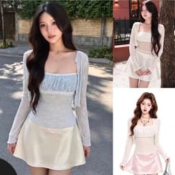 Set Áo Hai Dây “Ren Hoa” Xuyên Thấu Kèm Khoác Cardigan Phối Chân Váy Lụa Ngắn 9