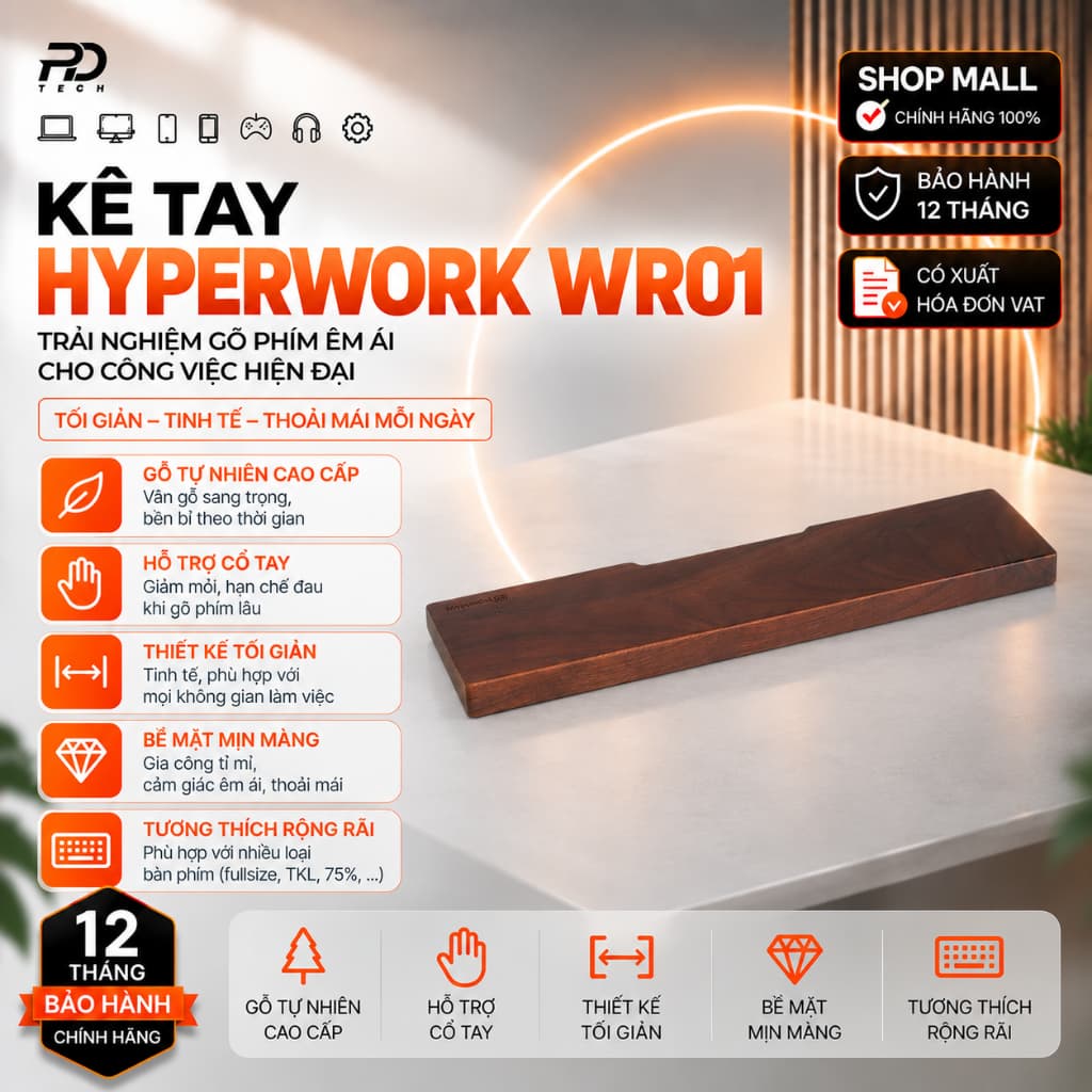 Kê tay bàn phím HyperWork gỗ óc chó | WR01